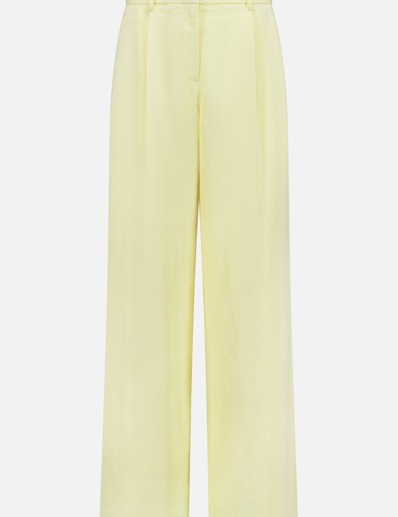 The TWP Hudson St Pleated Pant features a high waist, wide legs, belt loops, and front pleats for a modern workwear look. This tailored yellow pant for women is displayed against a plain white background.