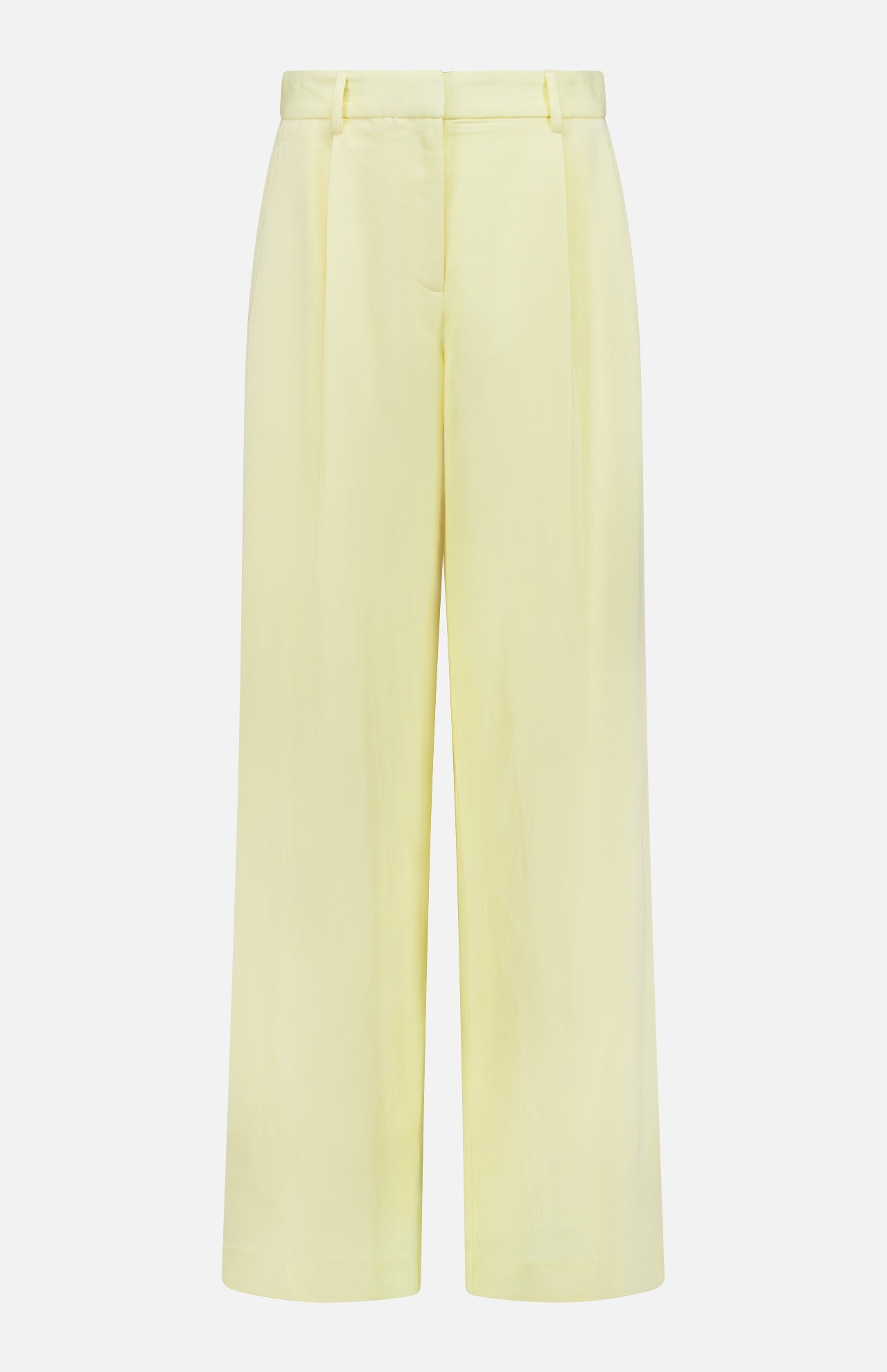 The TWP Hudson St Pleated Pant features a high waist, wide legs, belt loops, and front pleats for a modern workwear look. This tailored yellow pant for women is displayed against a plain white background.