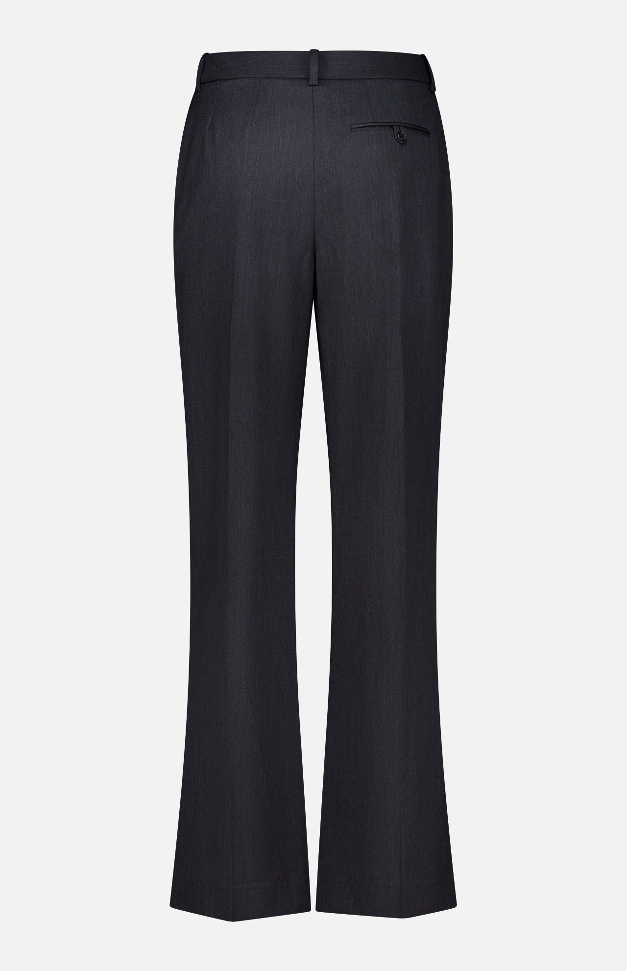 Back view of the TWP Ivy Pleated Trouser Pant in black Italian wool, featuring belt loops, a single buttoned back pocket on the right, and a straight-leg cut. Crafted from tailored, formal material, these mid-rise pants are an ideal choice for elevated women’s workwear.