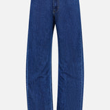 The TWP Kent St Jean in Dark Stone is a classic pair of women’s straight-leg blue jeans featuring front and back pockets and a button closure at the waist, displayed on a white background.