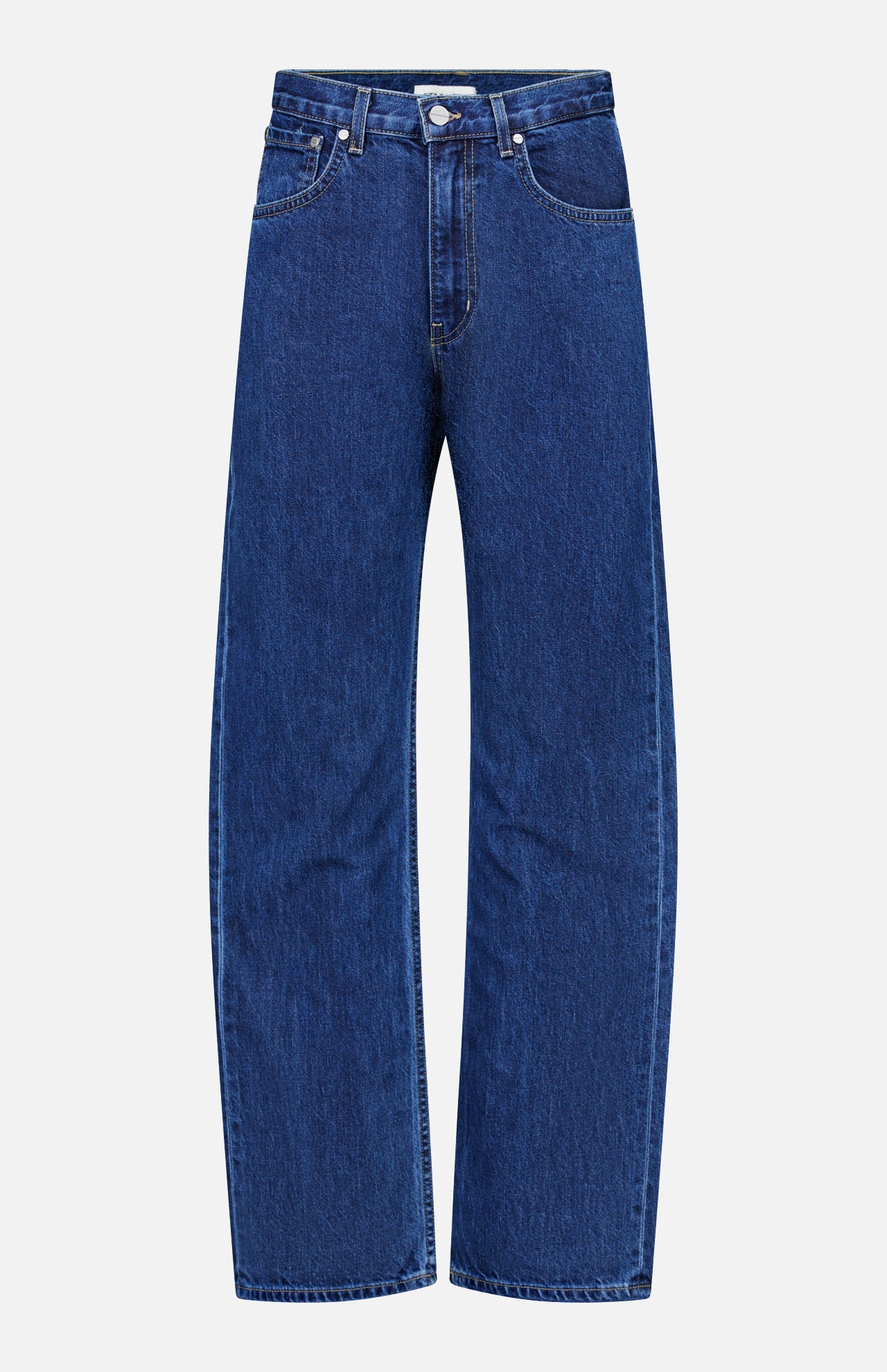 The TWP Kent St Jean in Dark Stone is a classic pair of women’s straight-leg blue jeans featuring front and back pockets and a button closure at the waist, displayed on a white background.
