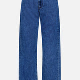 The TWP Kent St Jean in Paris is a pair of classic blue denim jeans featuring a timeless 5-pocket design, high waist, button closure, and straight wide legs, displayed on a plain white background.