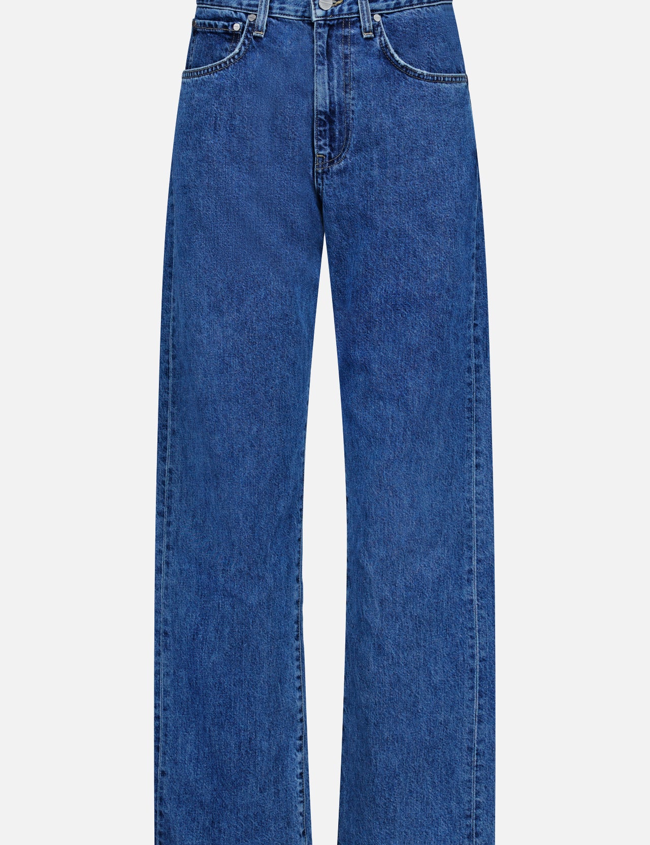 The TWP Kent St Jean in Paris is a pair of classic blue denim jeans featuring a timeless 5-pocket design, high waist, button closure, and straight wide legs, displayed on a plain white background.