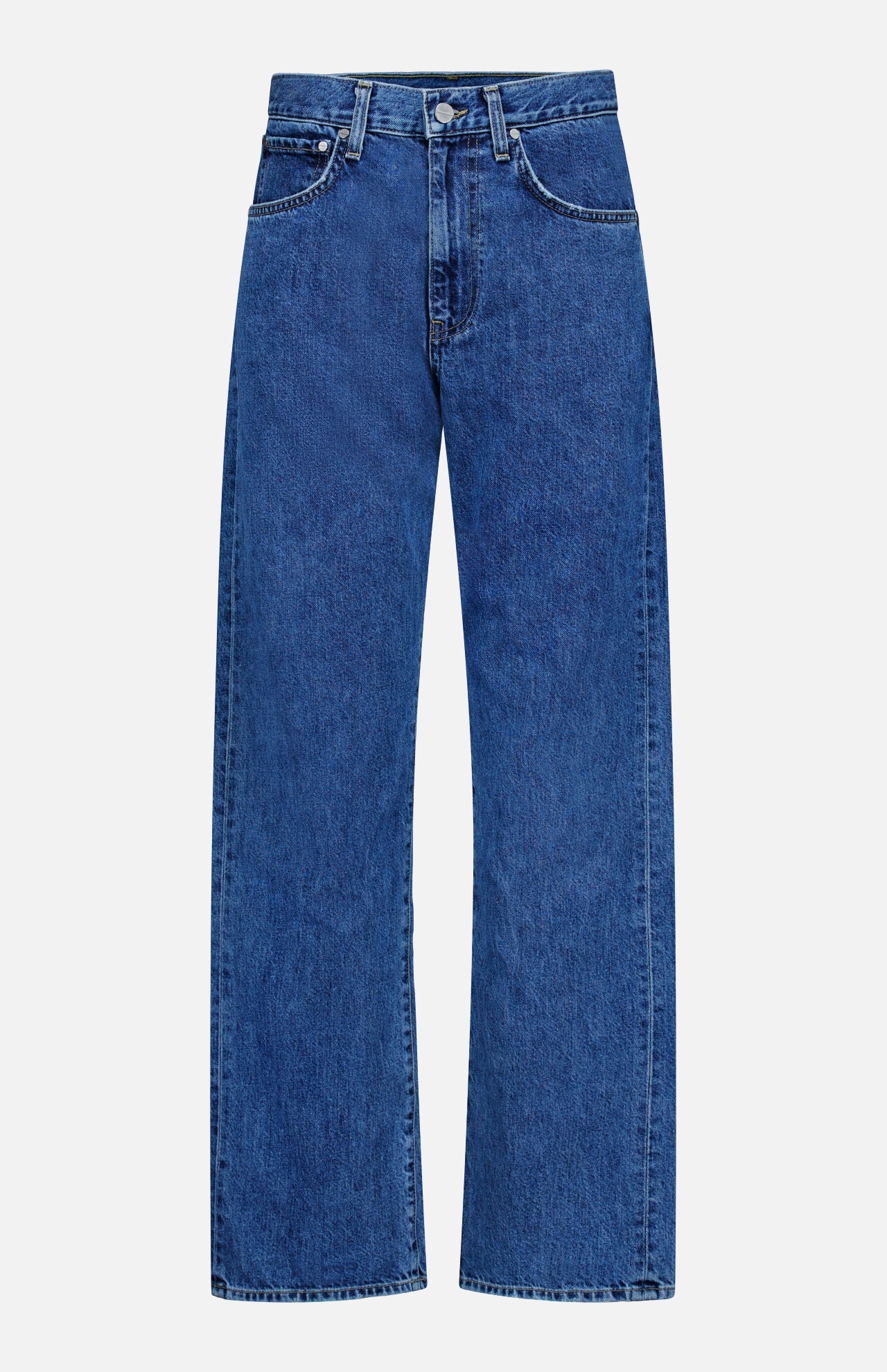 The TWP Kent St Jean in Paris is a pair of classic blue denim jeans featuring a timeless 5-pocket design, high waist, button closure, and straight wide legs, displayed on a plain white background.