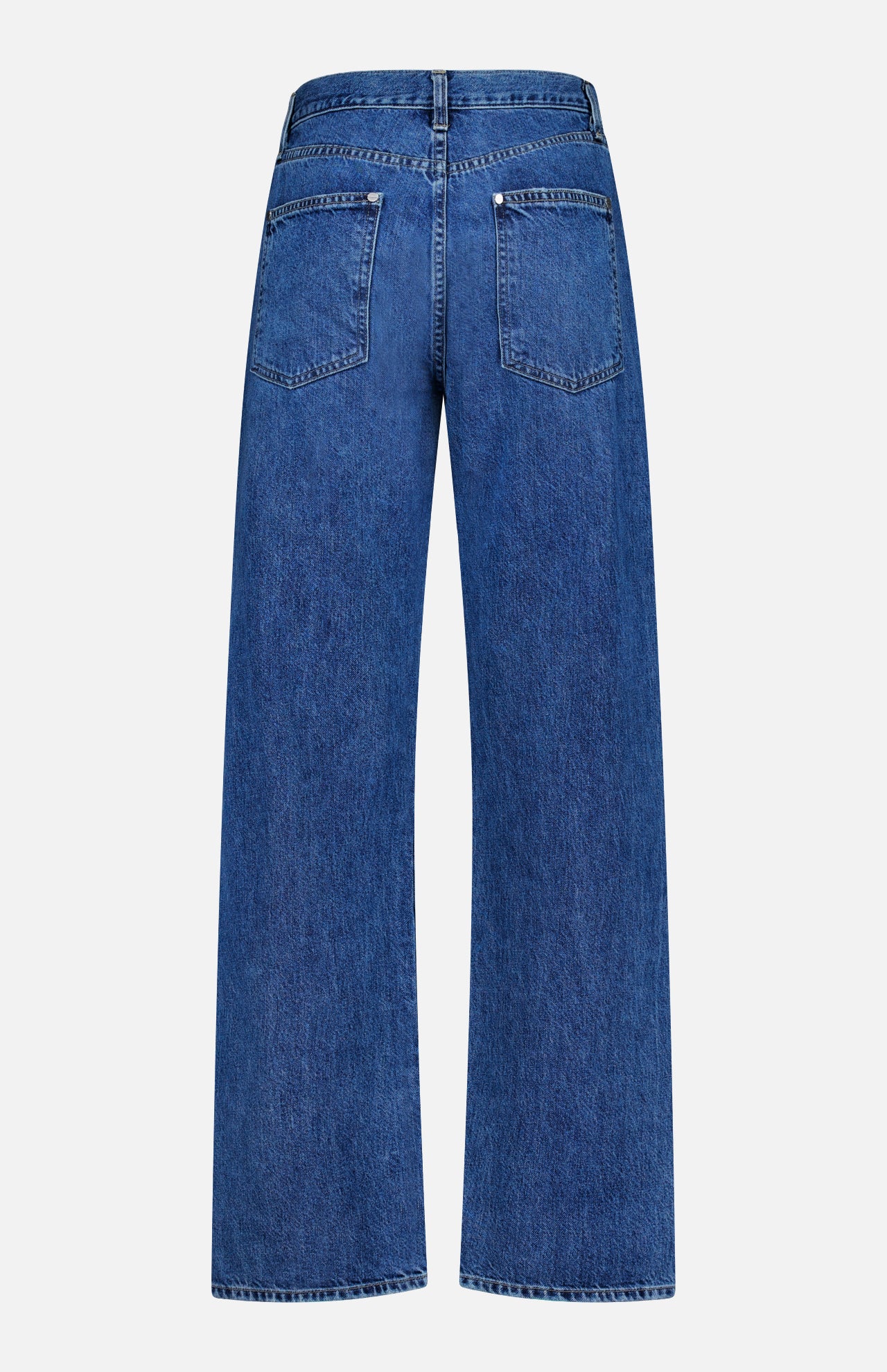 The Kent St Jean in Paris by TWP is a pair of blue wide-leg jeans, shown from the back against a white background, featuring a high waist and a classic 5-pocket design with two rear pockets.