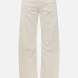A pair of TWP Kent St Pant in Bone, featuring a high-waisted straight leg fit, five pockets, and belt loops for women, displayed against a plain white background.