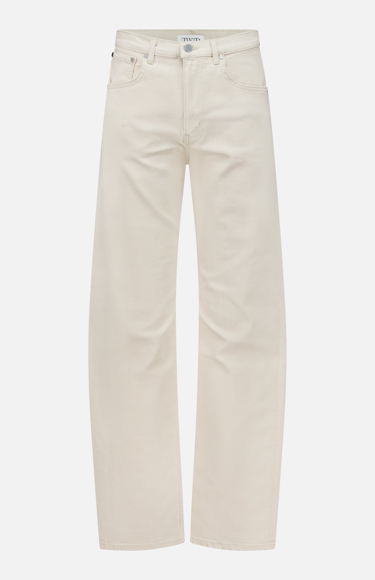 A pair of TWP Kent St Pant in Bone, featuring a high-waisted straight leg fit, five pockets, and belt loops for women, displayed against a plain white background.