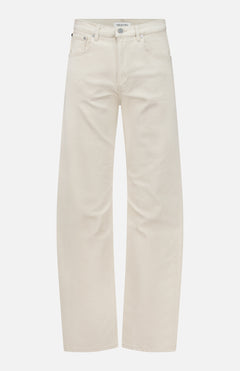 A pair of TWP Kent St Pant in Bone, featuring a high-waisted straight leg fit, five pockets, and belt loops for women, displayed against a plain white background.