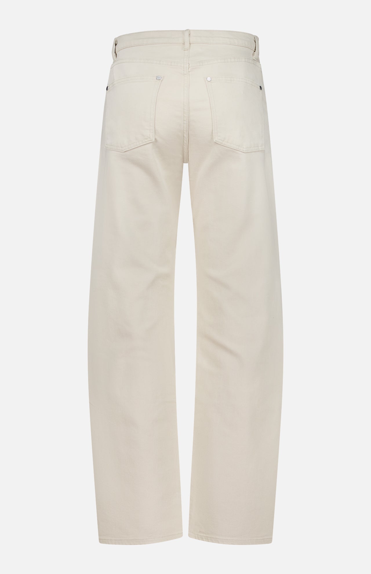 Back view of the TWP Kent St Pant in Bone, featuring a straight leg silhouette with two back pockets and belt loops, displayed against a plain white background. These women’s mid rise pants offer a classic look with timeless appeal.