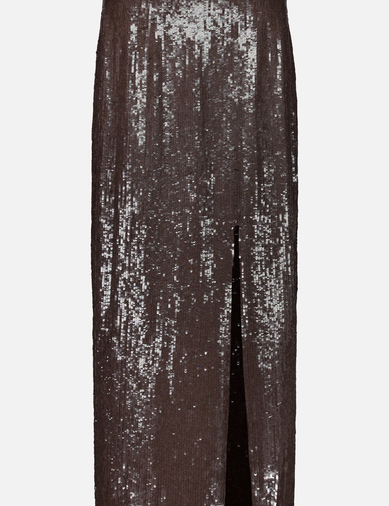 TWP Ladylike Midi Skirt in dark brown sequins with a front slit.