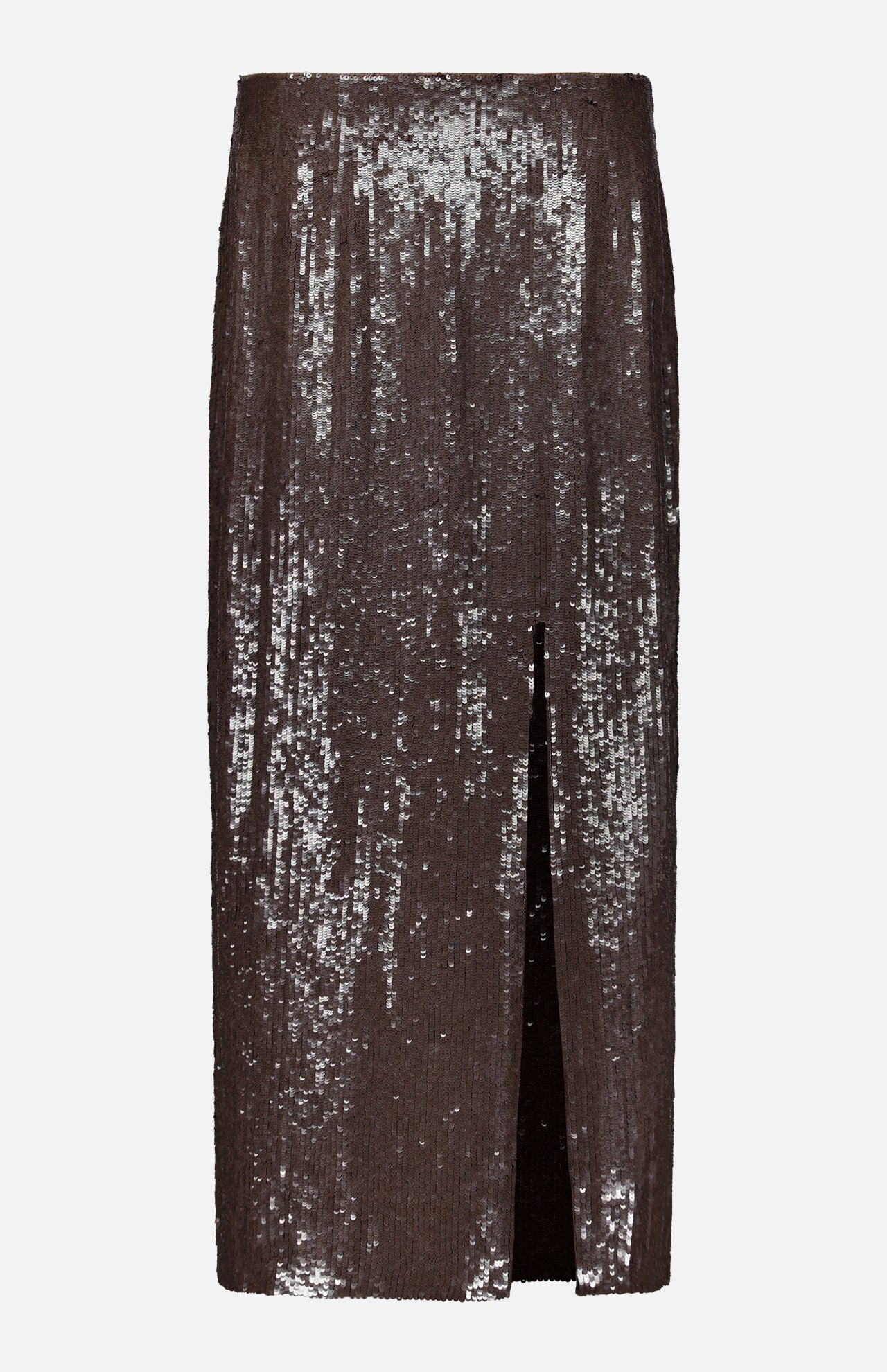 TWP Ladylike Midi Skirt in dark brown sequins with a front slit.