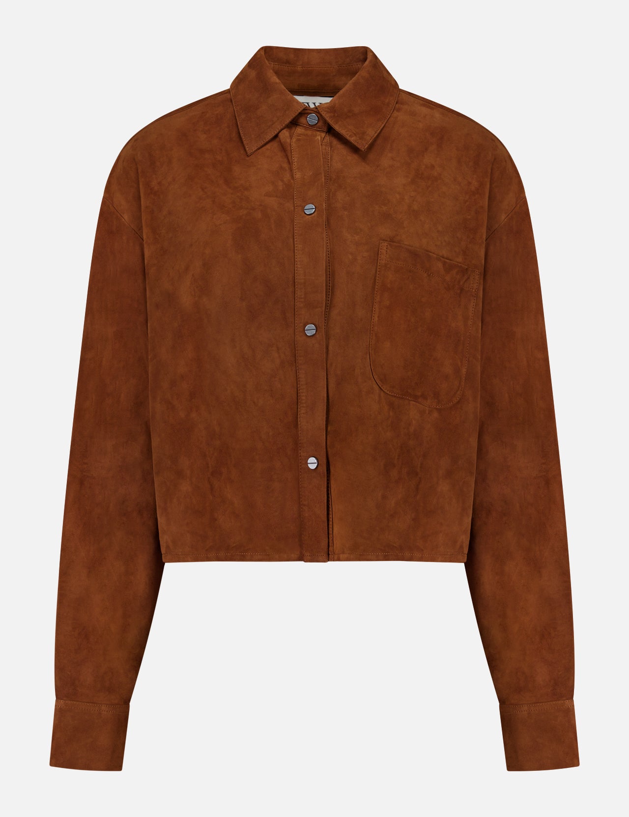 The TWP Little Big Joe Jacket is a brown suede, long-sleeve cropped shirt jacket featuring a collar, front buttons, single chest pocket, and straight hem. Displayed on a plain white background, this versatile womenswear piece combines style and practicality for effortless workwear.