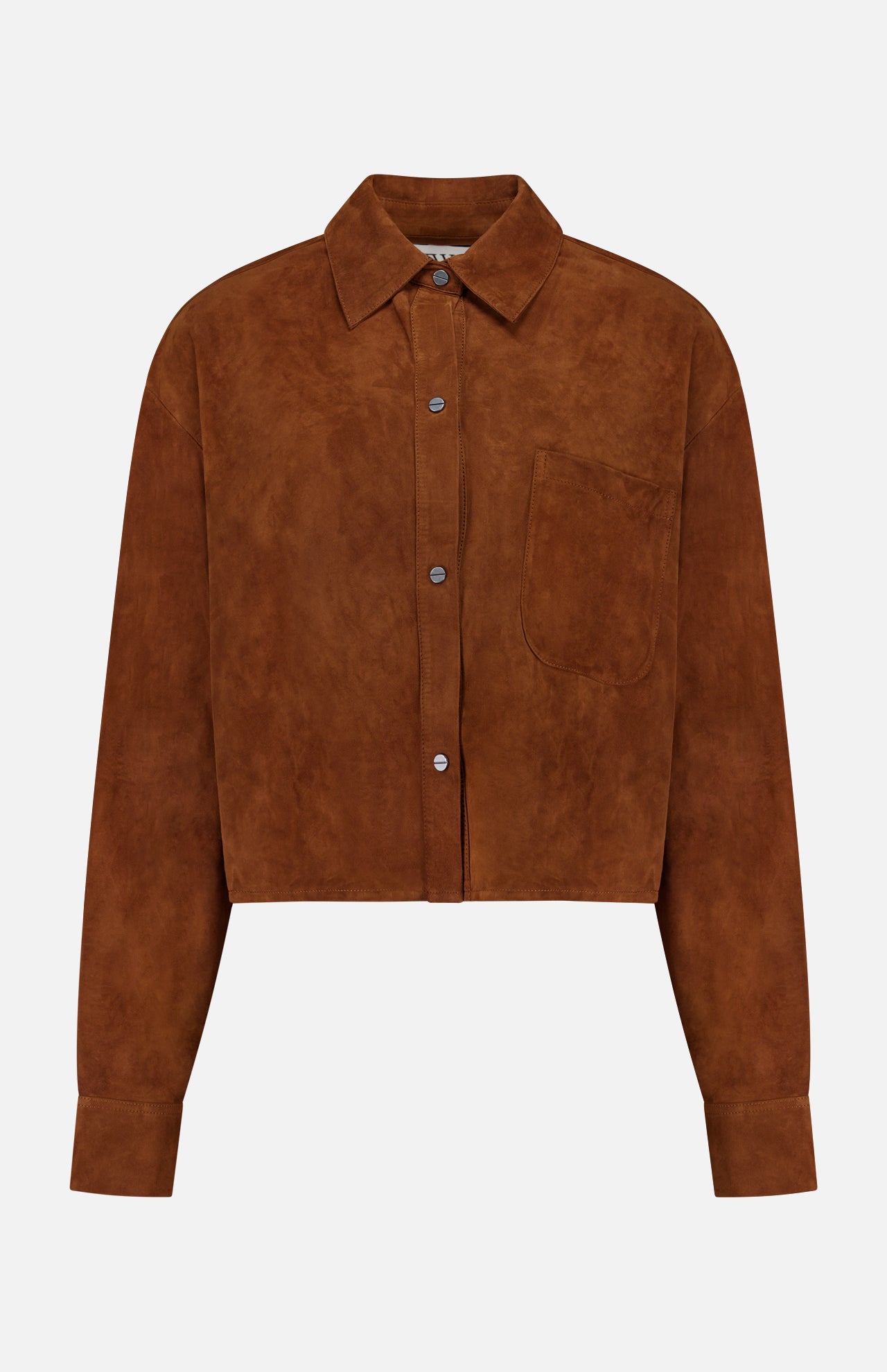 The TWP Little Big Joe Jacket is a brown suede, long-sleeve cropped shirt jacket featuring a collar, front buttons, single chest pocket, and straight hem. Displayed on a plain white background, this versatile womenswear piece combines style and practicality for effortless workwear.