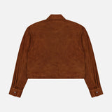 The Little Big Joe Jacket by TWP is shown from the back on a plain white background. Crafted in brown suede, it features a collar, buttoned cuffs, and a relaxed fit—making it an ideal piece of workwear for women.