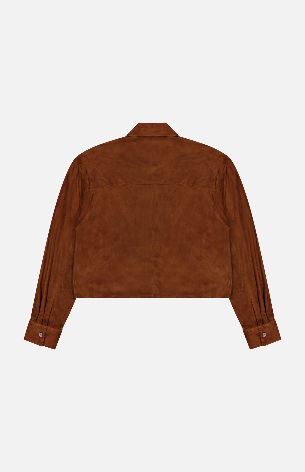 The Little Big Joe Jacket by TWP is shown from the back on a plain white background. Crafted in brown suede, it features a collar, buttoned cuffs, and a relaxed fit—making it an ideal piece of workwear for women.