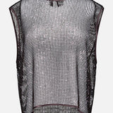 The TWP Sheer Sequin Muscle Tank is a sleeveless, loose-fit silver crop top with a grid-like sequin design and semi-sheer finish, shown against a plain white background.