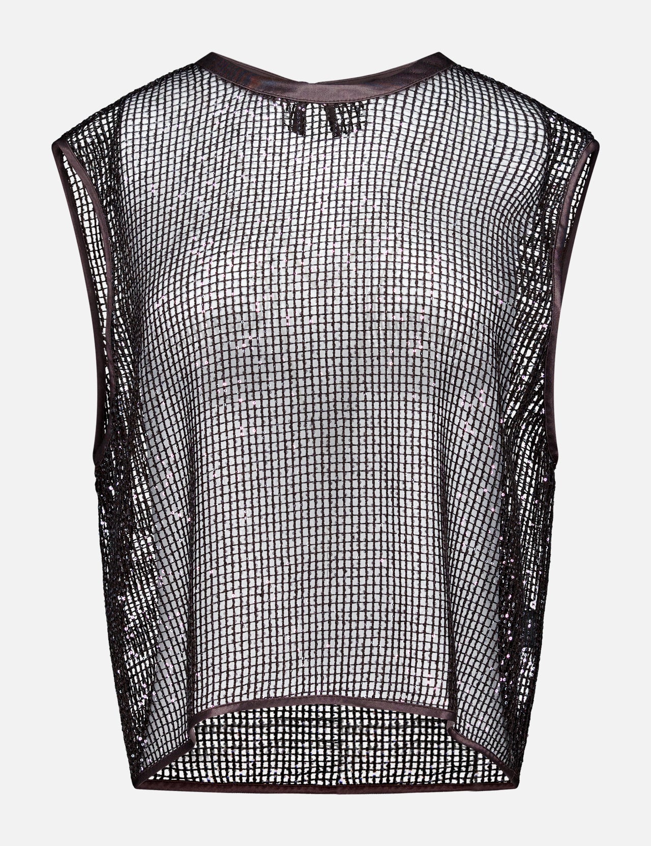 The TWP Sheer Sequin Muscle Tank is a sleeveless, loose-fit silver crop top with a grid-like sequin design and semi-sheer finish, shown against a plain white background.