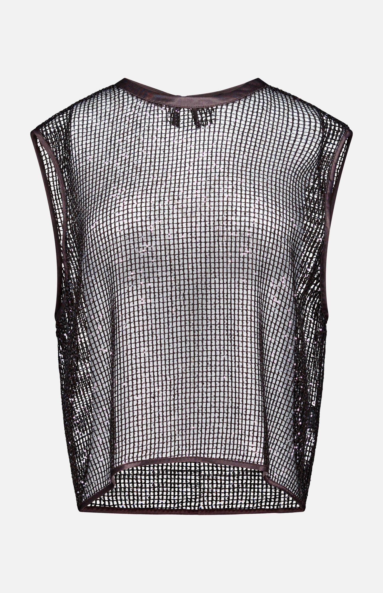 The TWP Sheer Sequin Muscle Tank is a sleeveless, loose-fit silver crop top with a grid-like sequin design and semi-sheer finish, shown against a plain white background.