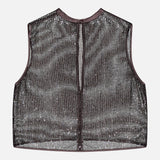 The TWP Sheer Sequin Muscle Tank is a dark brown sleeveless top featuring a see-through mesh design with sequins and a keyhole back, shown laid flat on a plain white background.