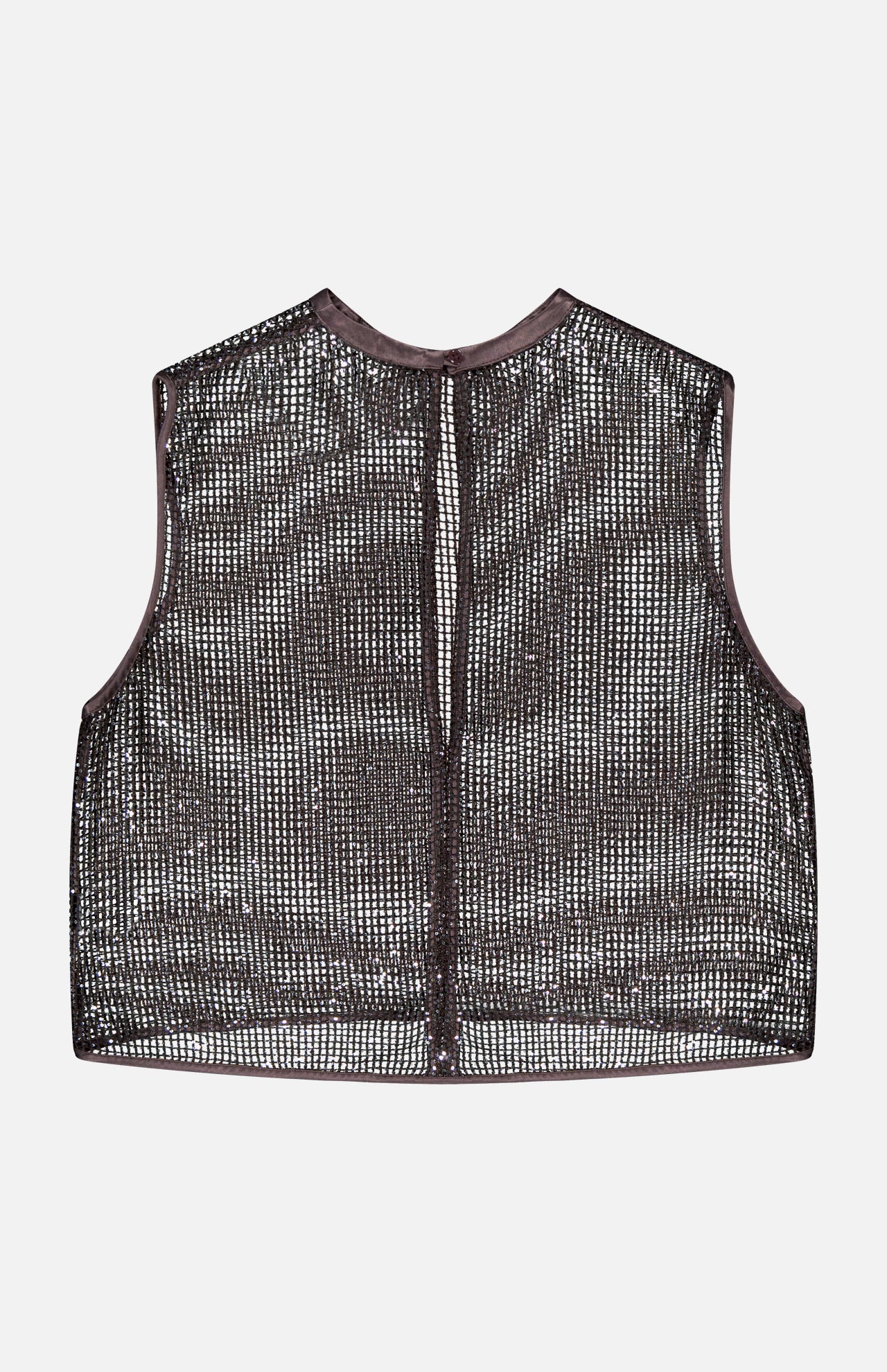 The TWP Sheer Sequin Muscle Tank is a dark brown sleeveless top featuring a see-through mesh design with sequins and a keyhole back, shown laid flat on a plain white background.