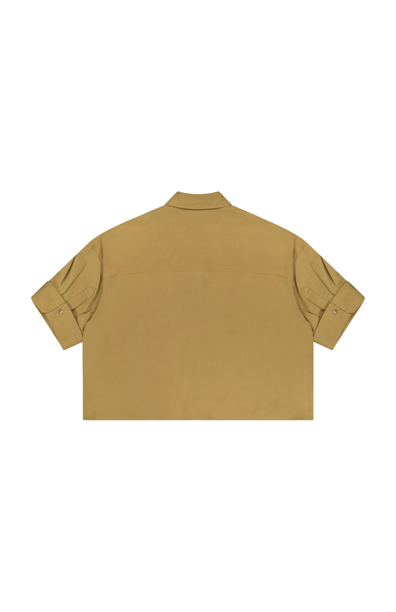 The TWP My Newest Mistake Top is a khaki short-sleeve button-up shirt in Italian cotton, with a relaxed, boxy fit, straight hem, and buttoned sleeves—women’s workwear shown from the back on a plain white background.