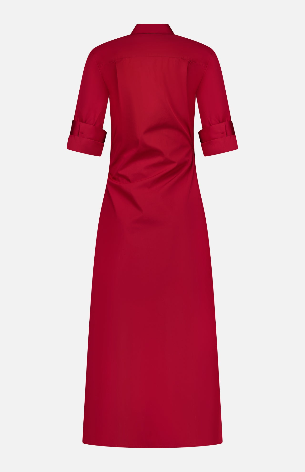 The TWP New Earl Wrap Front Dress is a knee-length, collared red shirt dress with elbow-length folded-cuff sleeves, shown from the back on a white background—stylish, comfortable workwear for women.