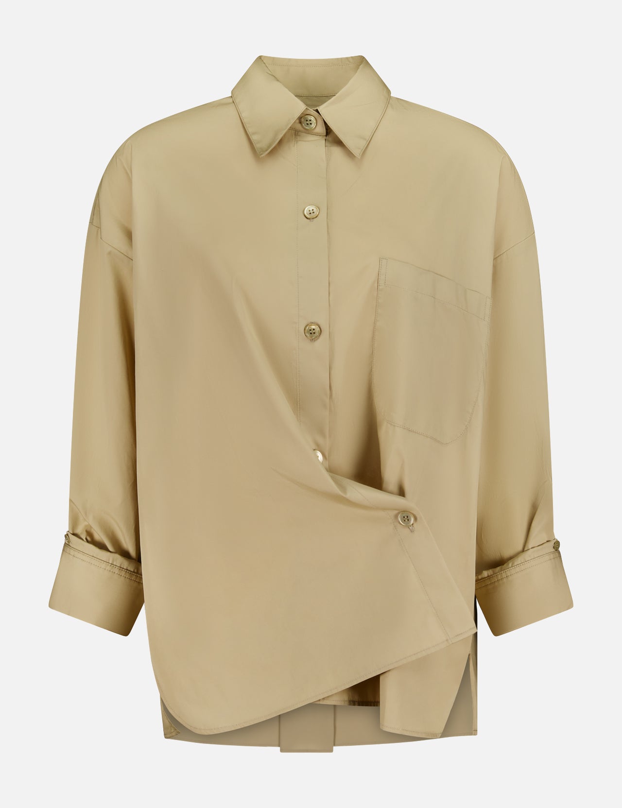 The TWP New Earl Asymmetric Button Front Shirt is a beige Italian cotton long-sleeve with chest pocket and buttoned cuffs, shown on a plain white background—an ideal women’s workwear piece.
