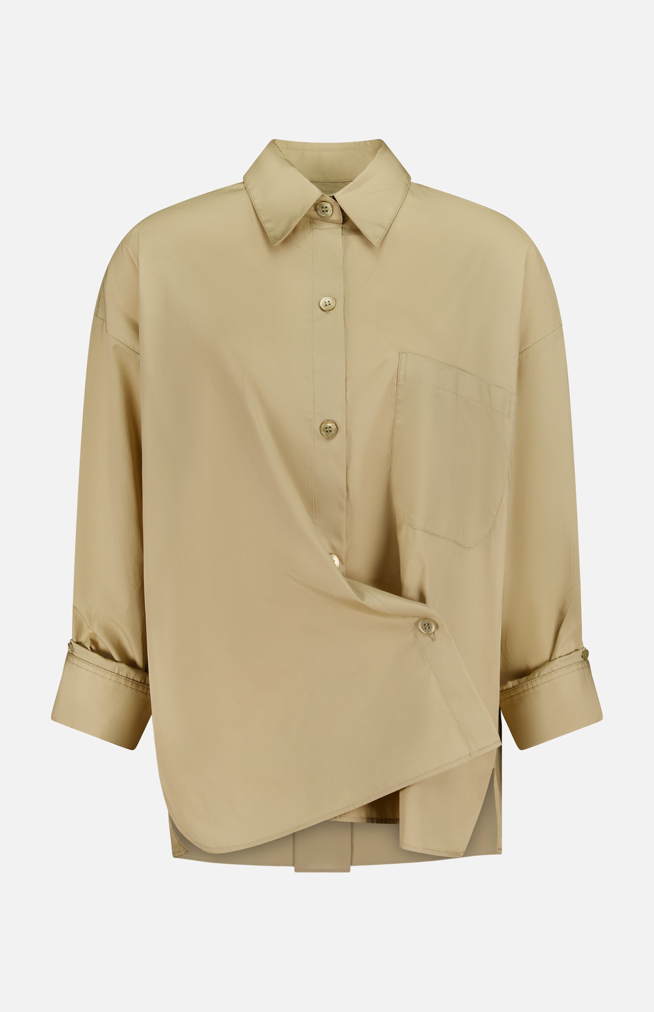 The TWP New Earl Asymmetric Button Front Shirt is a beige Italian cotton long-sleeve with chest pocket and buttoned cuffs, shown on a plain white background—an ideal women’s workwear piece.