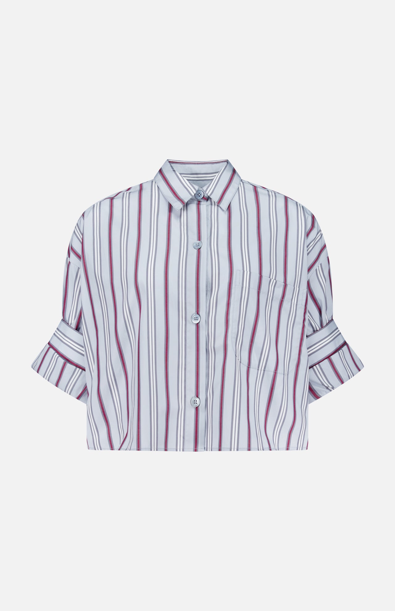 The Next Ex Striped Blouse by TWP is a cropped, boxy shirt featuring vertical red, black, and white stripes. Designed with short sleeves, a button-up front, collar, front pocket, and folded cuffs, this stylish piece is an ideal workwear option for women. Shown against a plain white background.