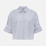 The TWP Next Ex Striped Cropped Blouse is a blue striped women's top with a boxy silhouette, wide cuffed short sleeves, pointed collar, and front buttons—ideal workwear—shown on a plain white background.