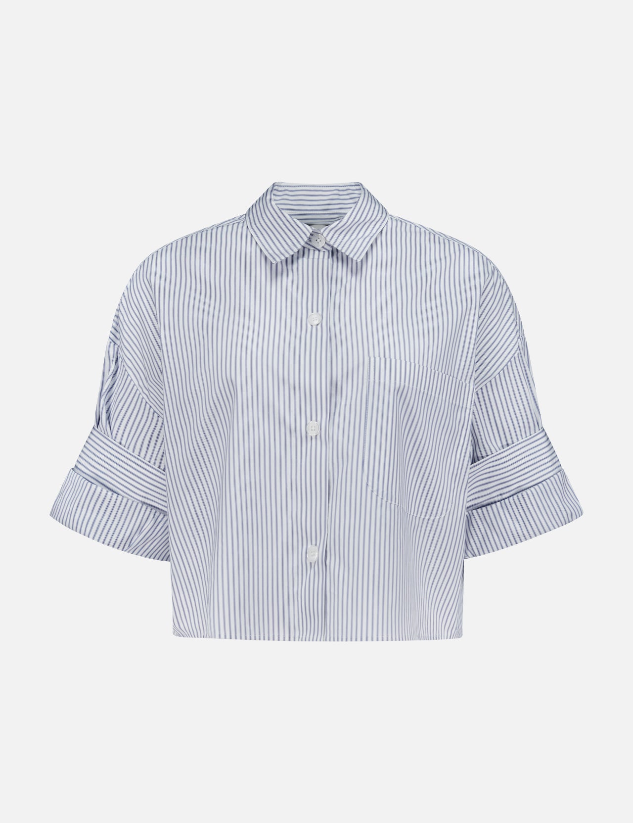 The TWP Next Ex Striped Cropped Blouse is a blue striped women's top with a boxy silhouette, wide cuffed short sleeves, pointed collar, and front buttons—ideal workwear—shown on a plain white background.