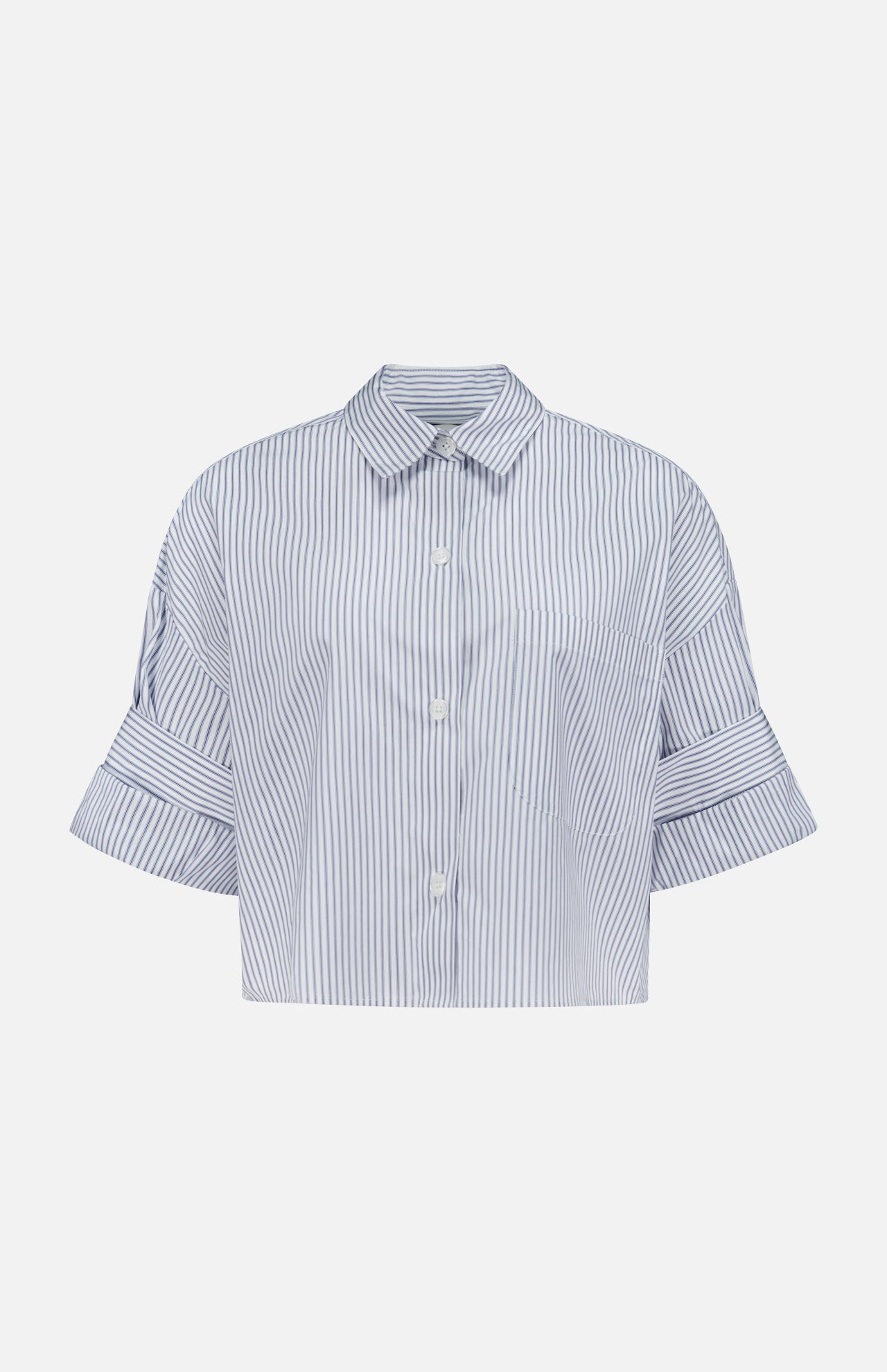 The TWP Next Ex Striped Cropped Blouse is a blue striped women's top with a boxy silhouette, wide cuffed short sleeves, pointed collar, and front buttons—ideal workwear—shown on a plain white background.