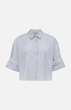 The TWP Next Ex Striped Cropped Blouse is a blue striped women's top with a boxy silhouette, wide cuffed short sleeves, pointed collar, and front buttons—ideal workwear—shown on a plain white background.