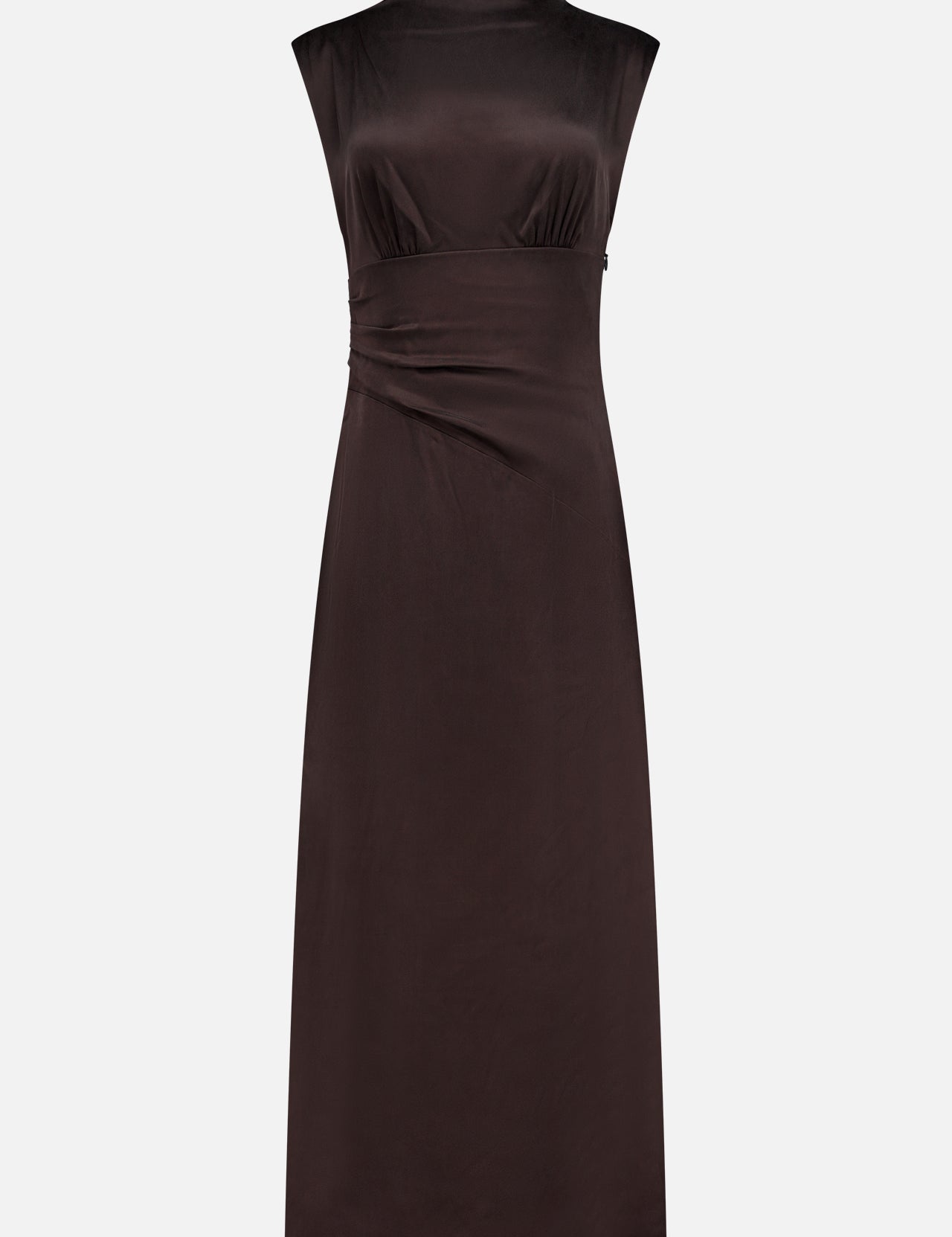 The TWP On the Side Stretch Silk Dress is a sleeveless dark brown satin dress with a fitted waist, subtle side draping, and an asymmetric neckline, shown against a plain white background.