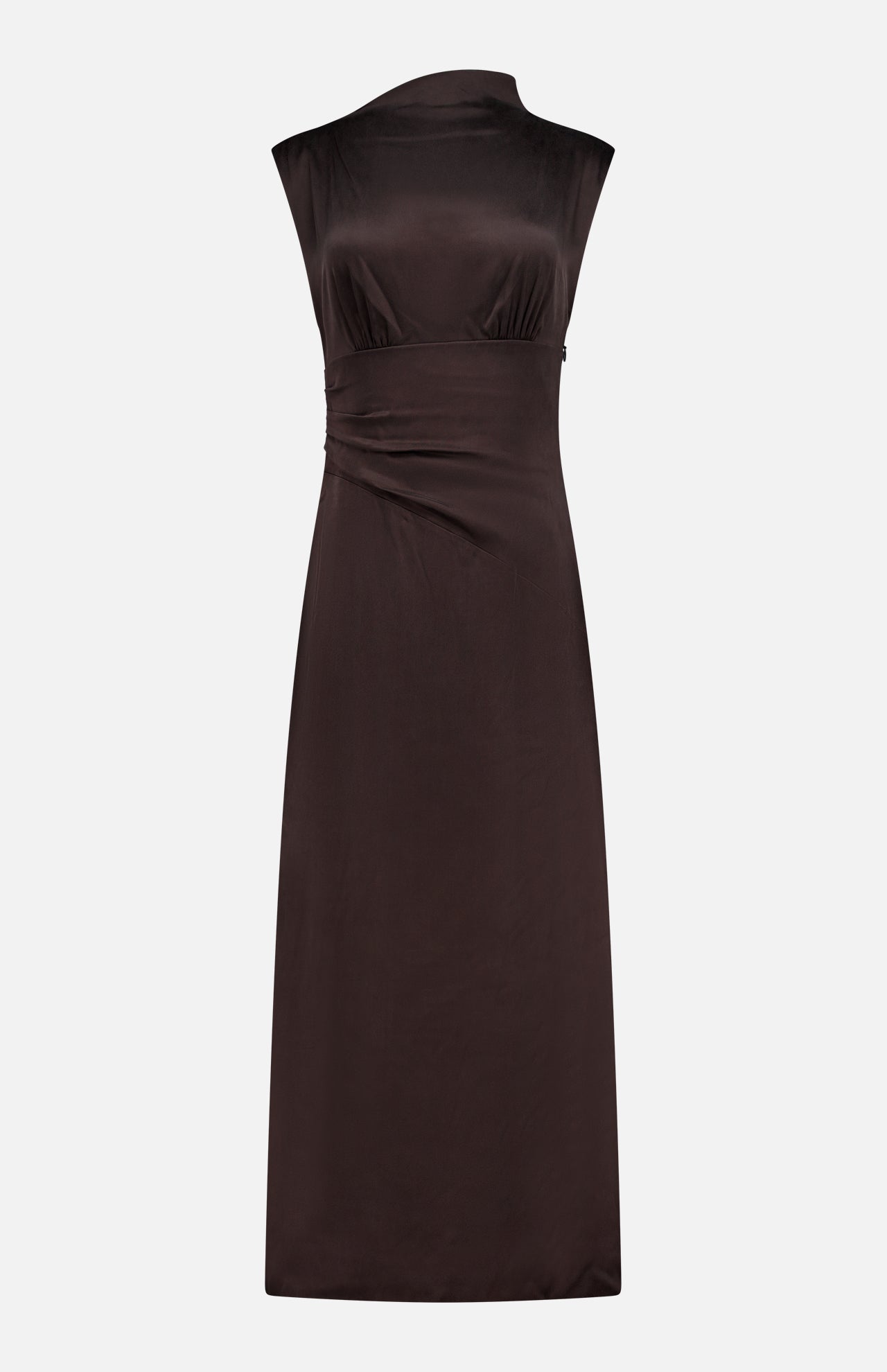 The TWP On the Side Stretch Silk Dress is a sleeveless dark brown satin dress with a fitted waist, subtle side draping, and an asymmetric neckline, shown against a plain white background.