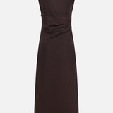 The On the Side Stretch Silk Dress by TWP is a sleeveless dark brown dress featuring a high neckline and subtle side ruching, shown against a plain white background.
