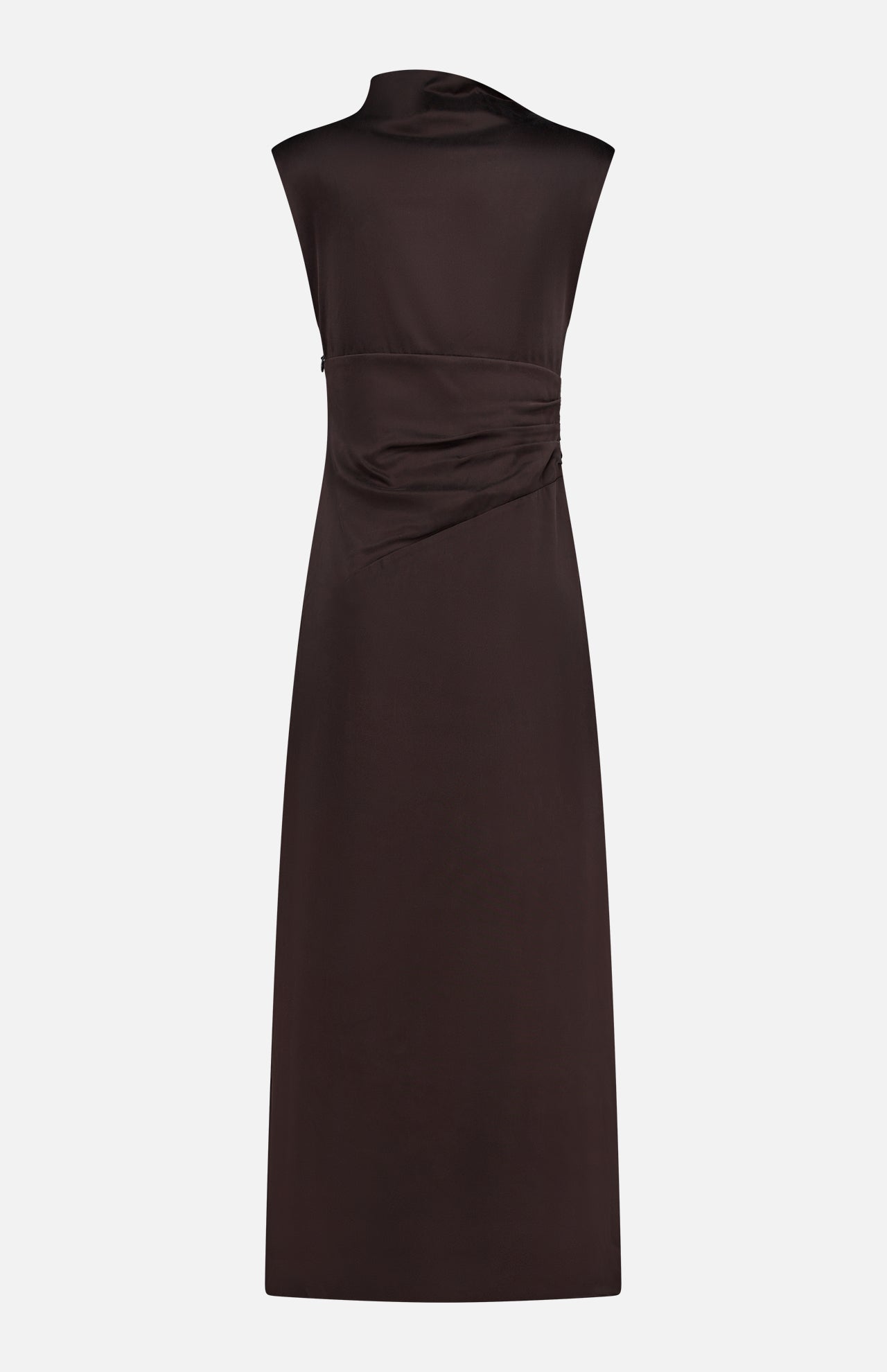 The On the Side Stretch Silk Dress by TWP is a sleeveless dark brown dress featuring a high neckline and subtle side ruching, shown against a plain white background.