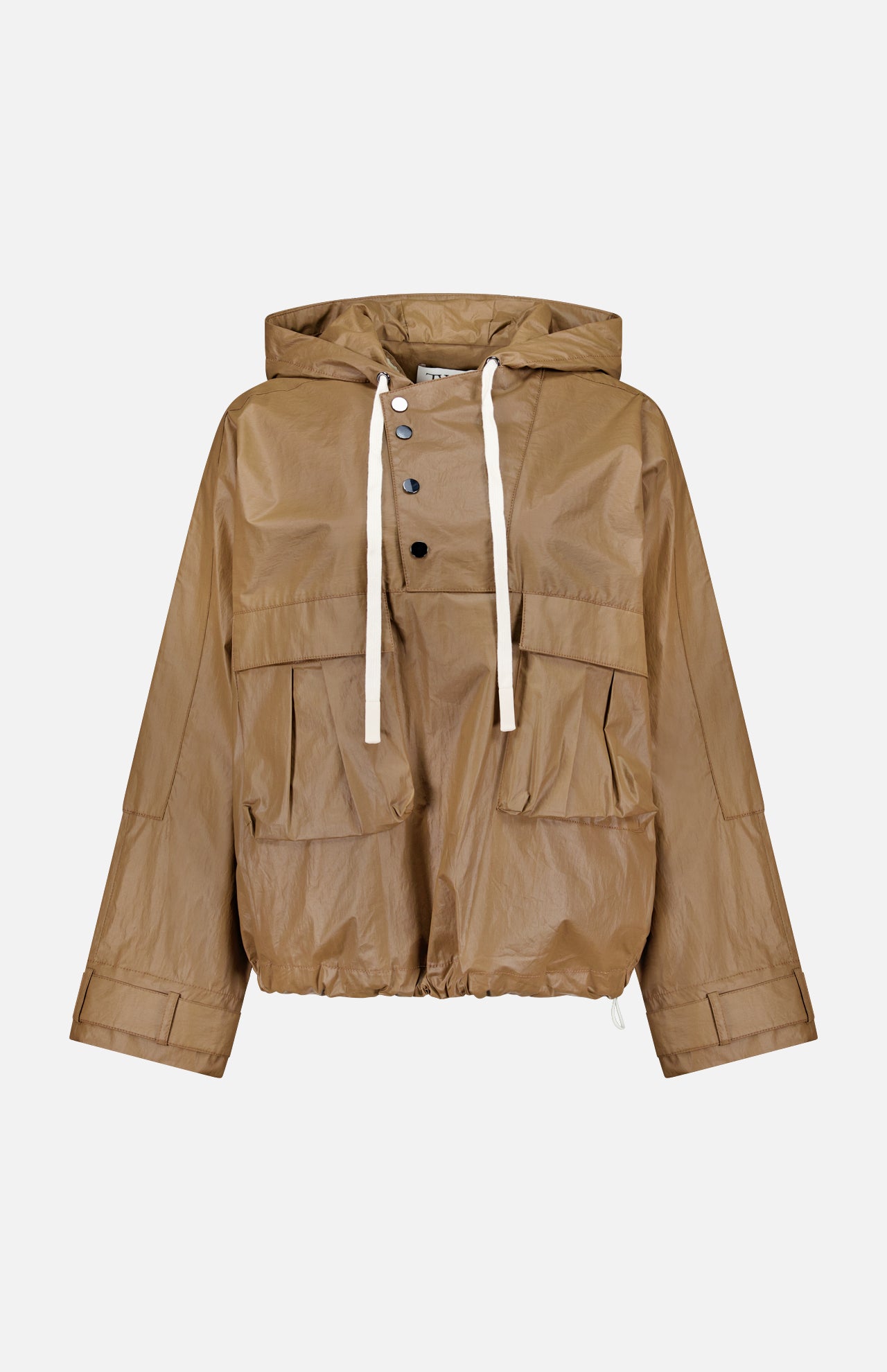 The TWP Water-repellent Rain Check Jacket features a brown design with long sleeves, front buttons, large front pockets, and white hood drawstrings, shown against a plain white background.