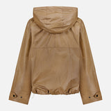 The TWP Water-repellent Rain Check Jacket is a light brown, hooded cotton jacket with long sleeves, snap button cuffs, and an elastic drawstring hem, shown from the back against a plain white background.