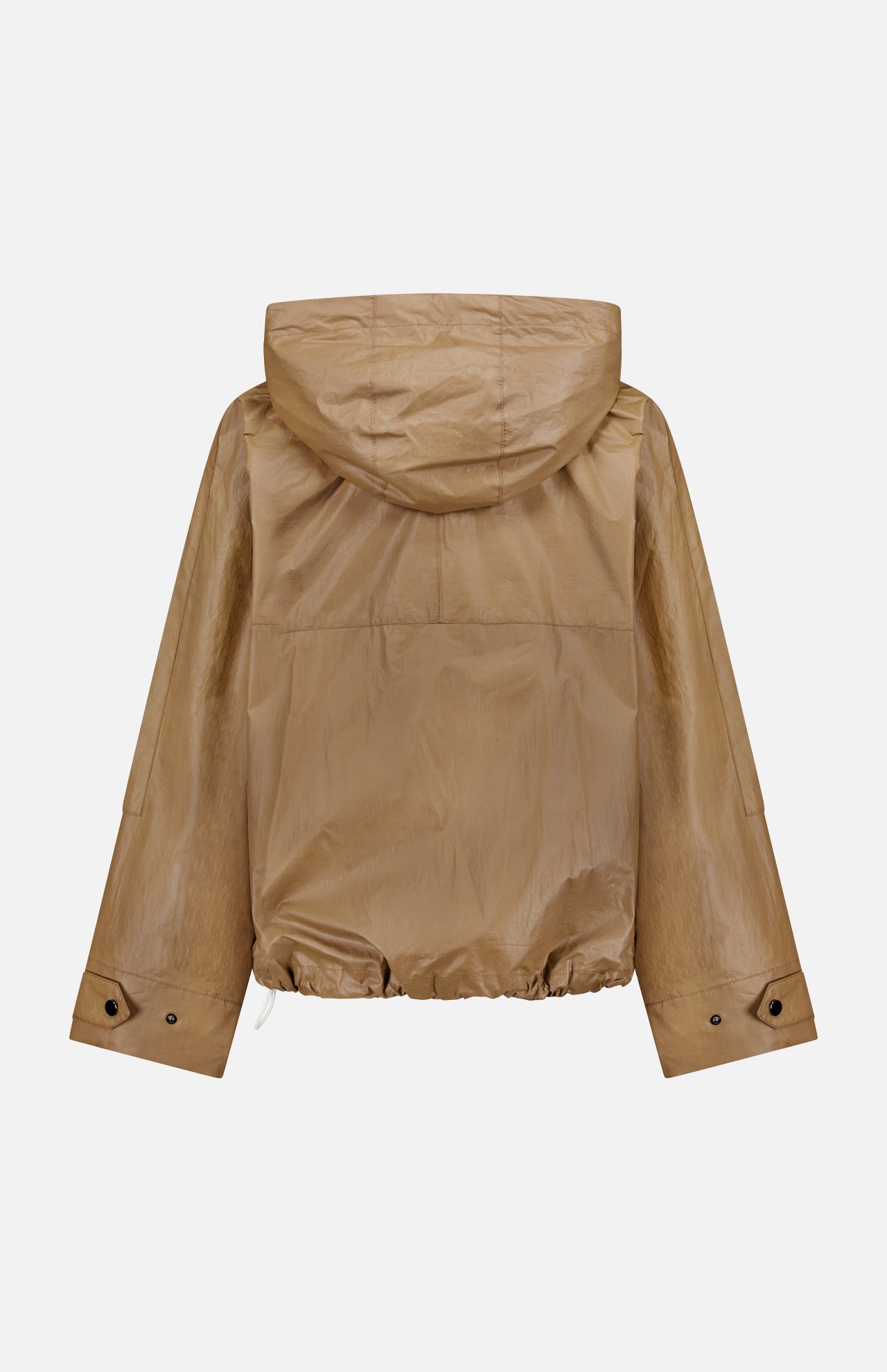 The TWP Water-repellent Rain Check Jacket is a light brown, hooded cotton jacket with long sleeves, snap button cuffs, and an elastic drawstring hem, shown from the back against a plain white background.