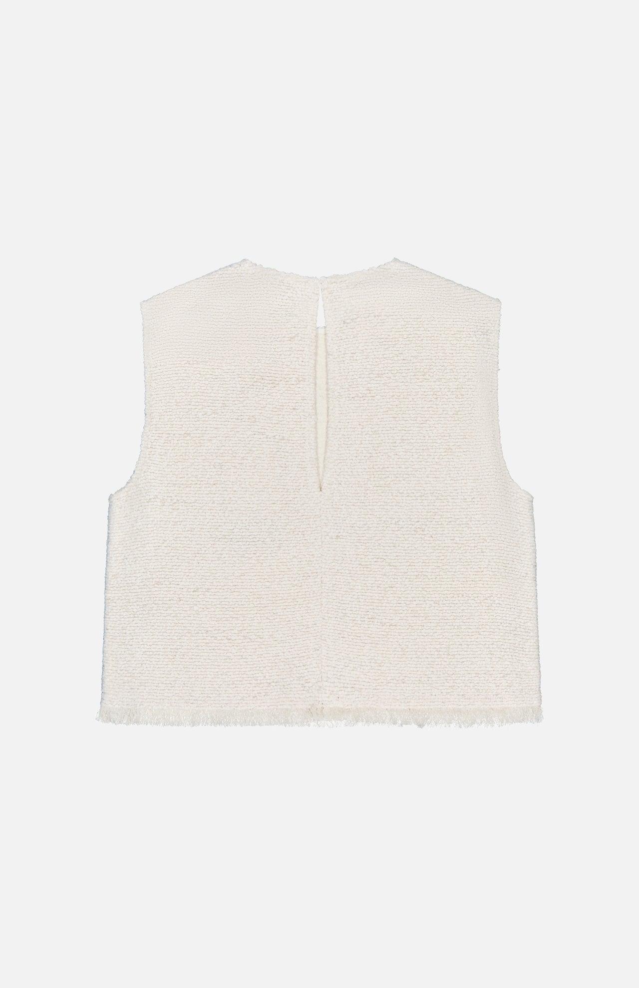 The TWP Raw Hem Shell Top is a women's sleeveless, white textured tank with a keyhole back and fringe hem, displayed against a plain white background.