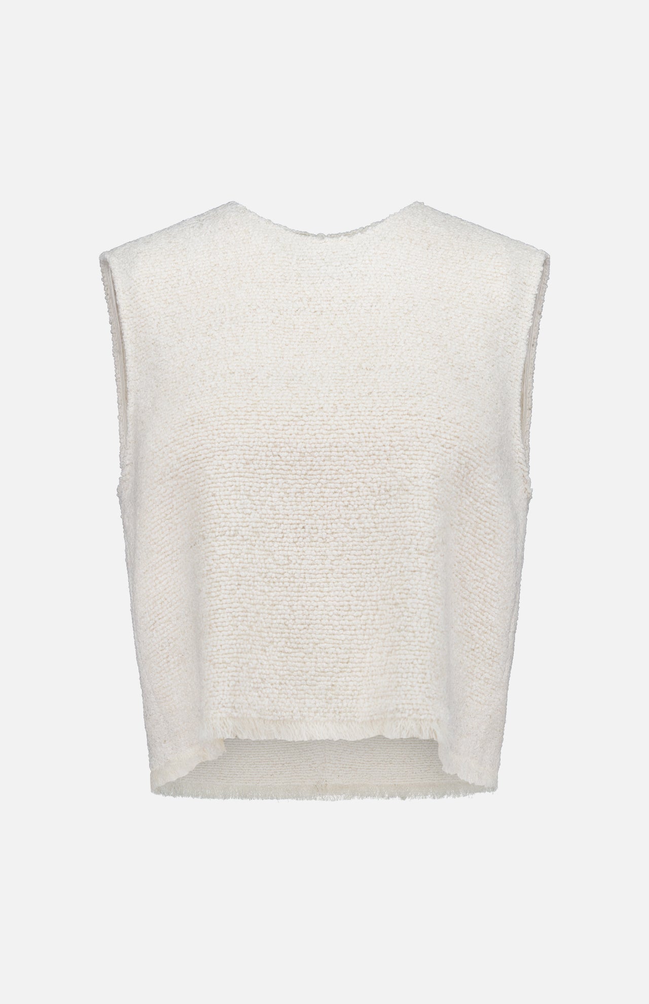 TWP Raw Hem Shell Top: Sleeveless, off-white textured women's tank with a crew neckline and fringe hem, shown on a plain white background.