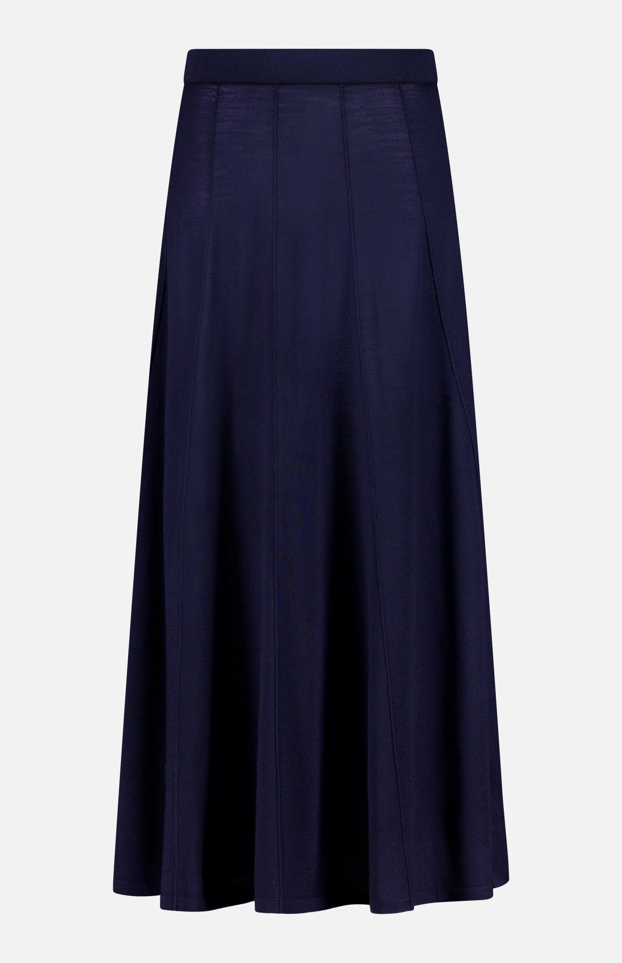 The TWP Seamed Maxi Skirt is a navy A-line piece with subtle vertical stitching, a flared hem, and a fitted waistband—making it a versatile workwear option for women. Shown on a plain white background.