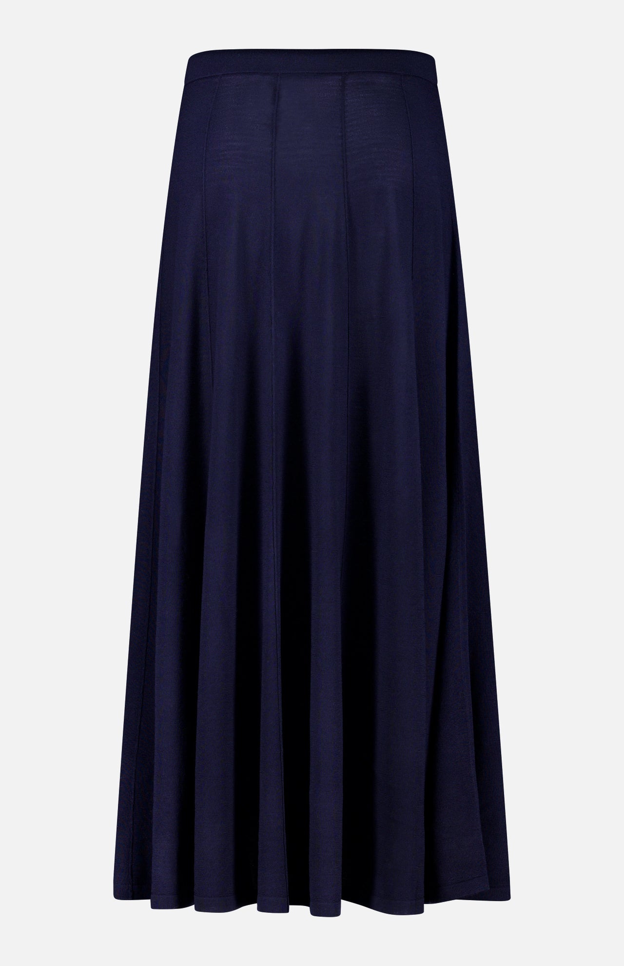 The TWP Seamed Maxi Skirt, featuring a fitted waistband and soft, flowing fabric in navy blue, is perfect as workwear for women and is displayed against a plain white background.