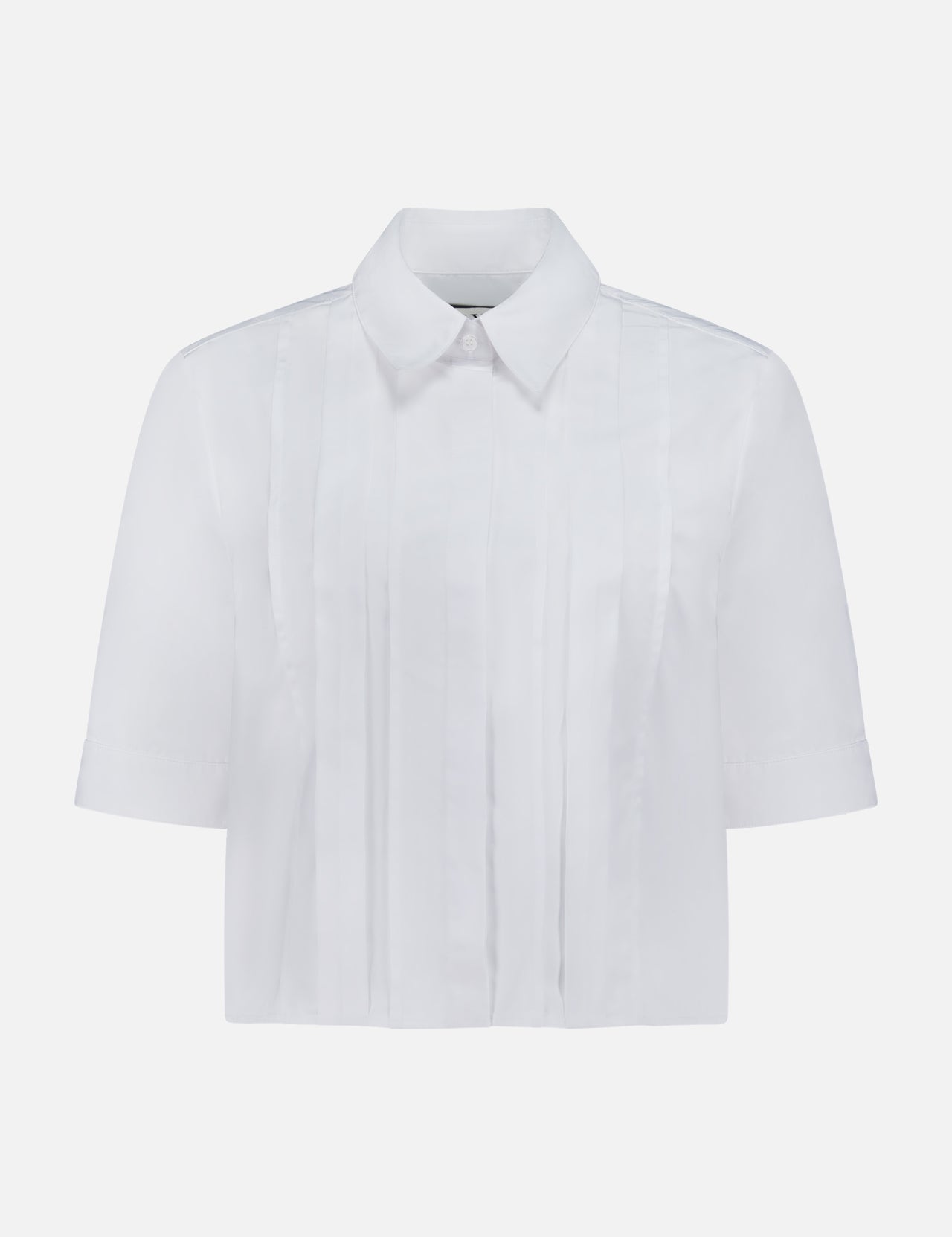 The TWP Short Lived Placket with Cherry Pleats Shirt features crisp white poplin fabric, a pointed collar, and vertical pleated detailing on the front. Displayed against a plain white background, this short-sleeve shirt is a versatile addition to any women's workwear wardrobe.