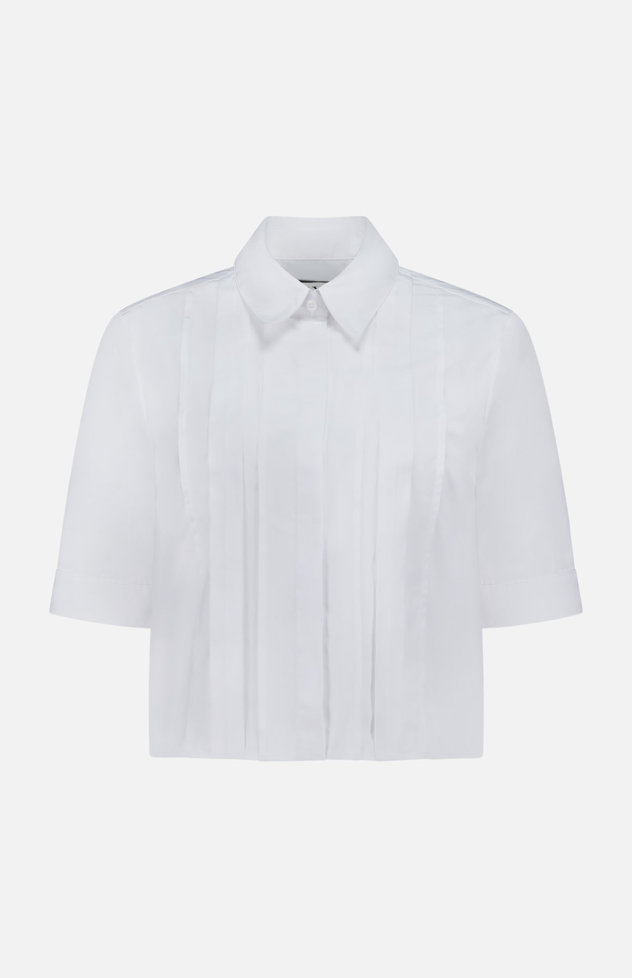 The TWP Short Lived Placket with Cherry Pleats Shirt features crisp white poplin fabric, a pointed collar, and vertical pleated detailing on the front. Displayed against a plain white background, this short-sleeve shirt is a versatile addition to any women's workwear wardrobe.