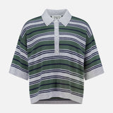 The TWP Short Sleeve Polo with Stripes is a collared knit sweater for women, featuring horizontal green, gray, black, and white stripes, a button placket, and ribbed edges—an elevated workwear option.
