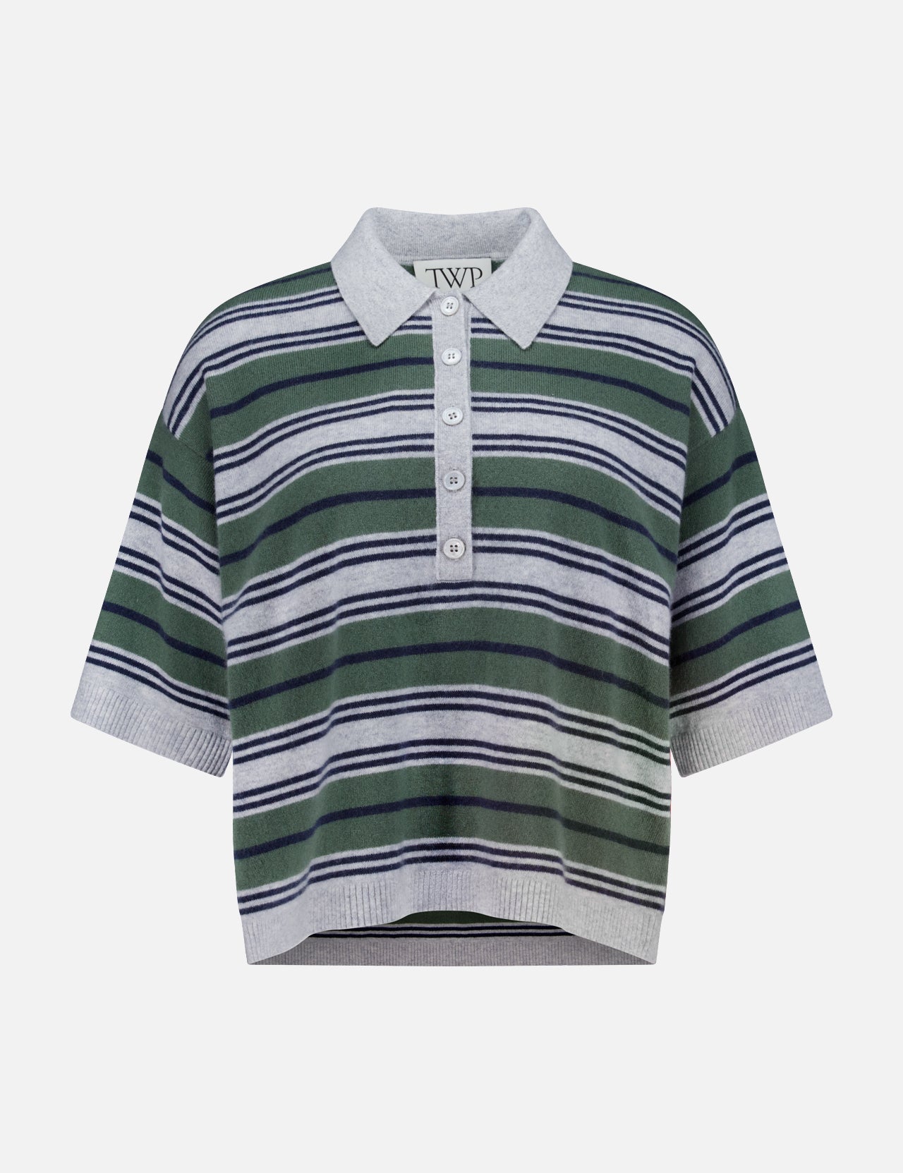 The TWP Short Sleeve Polo with Stripes is a collared knit sweater for women, featuring horizontal green, gray, black, and white stripes, a button placket, and ribbed edges—an elevated workwear option.