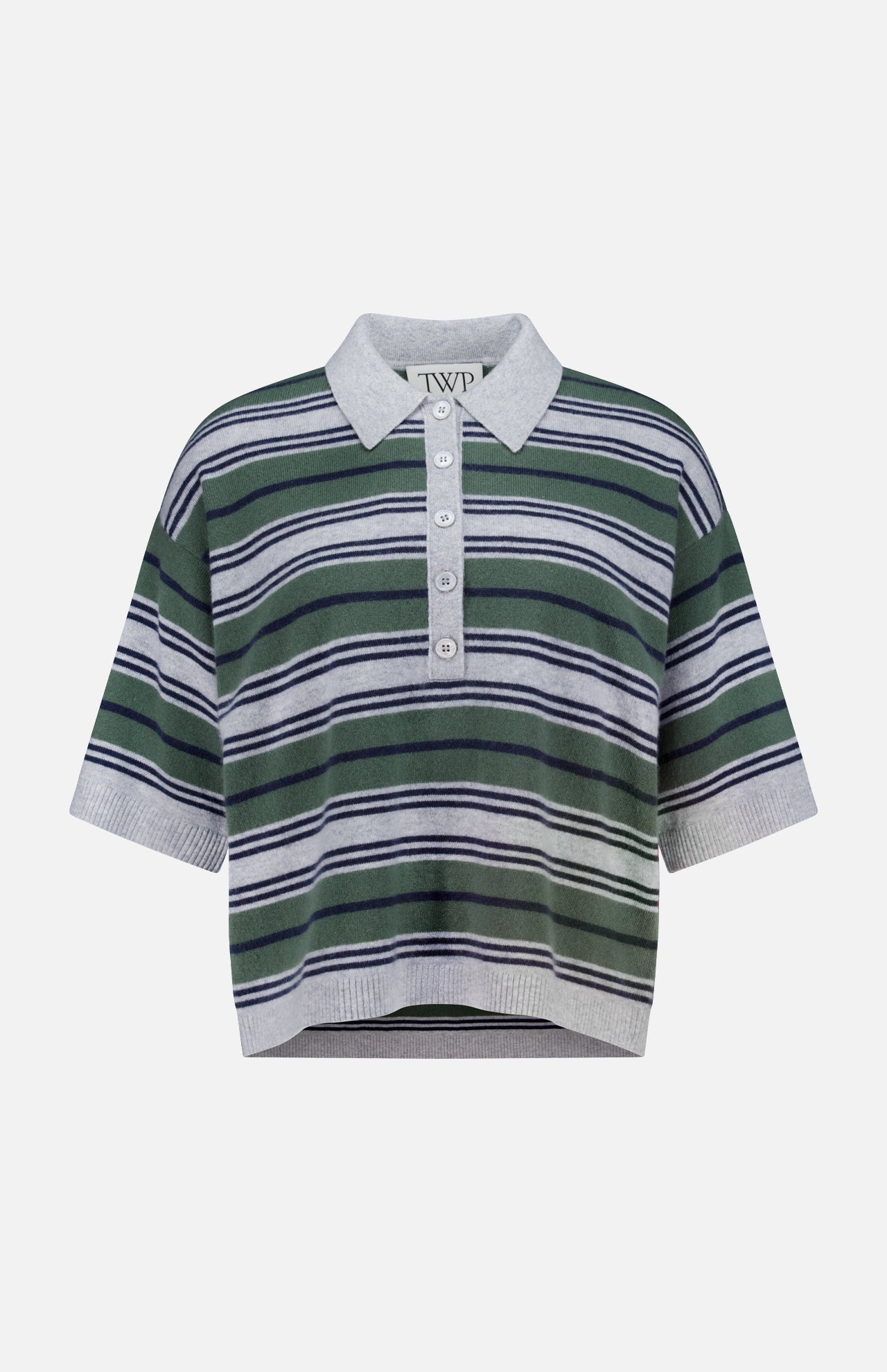 The TWP Short Sleeve Polo with Stripes is a collared knit sweater for women, featuring horizontal green, gray, black, and white stripes, a button placket, and ribbed edges—an elevated workwear option.
