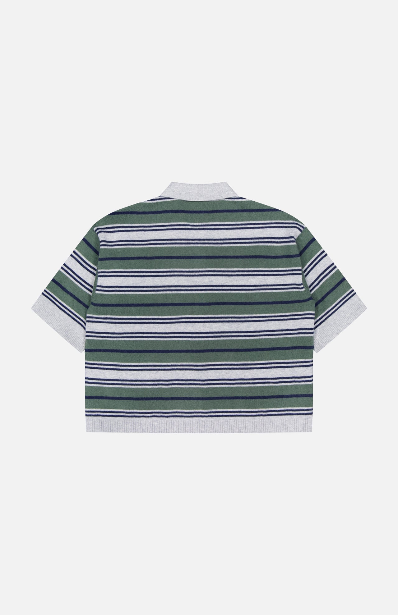 The TWP Short Sleeve Polo with Stripes features horizontal green, navy, white, and gray stripes and is displayed from the back against a plain white background—making it a versatile workwear option for women.